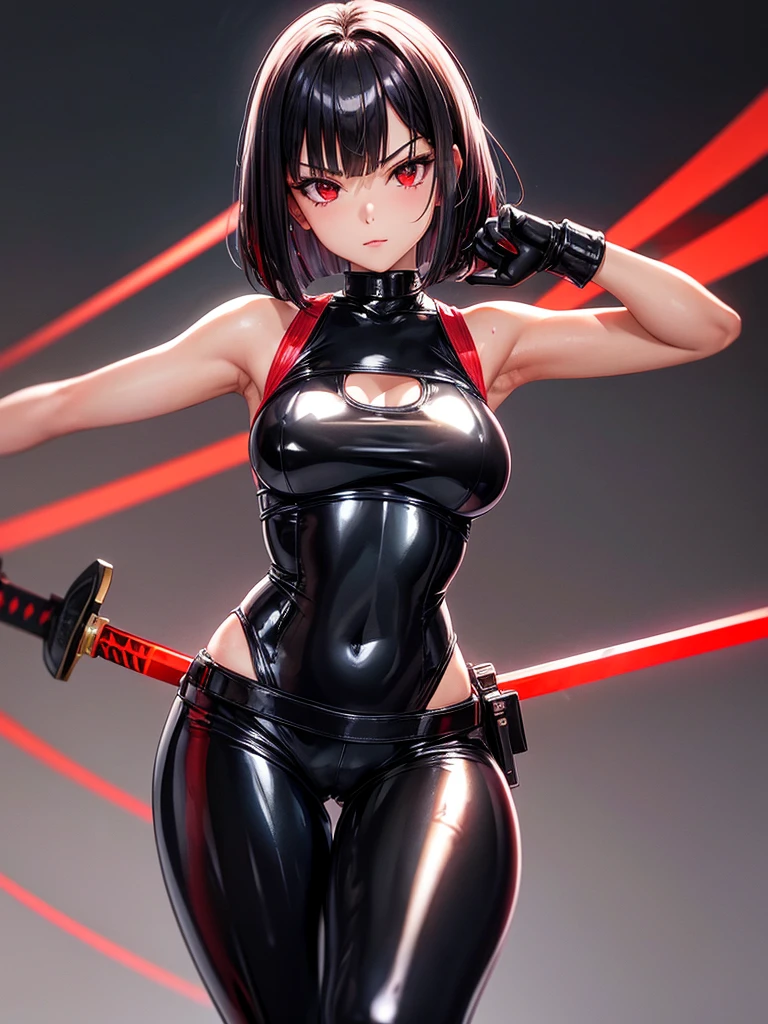 solo girl,Glossy metalic light silver tank top, tight latex shiny, Red interpolation color,Black hair bob,red eyes, camel toe, Samurai Sword,
Lift one leg, sexy lady, กางเกงใน girl,
