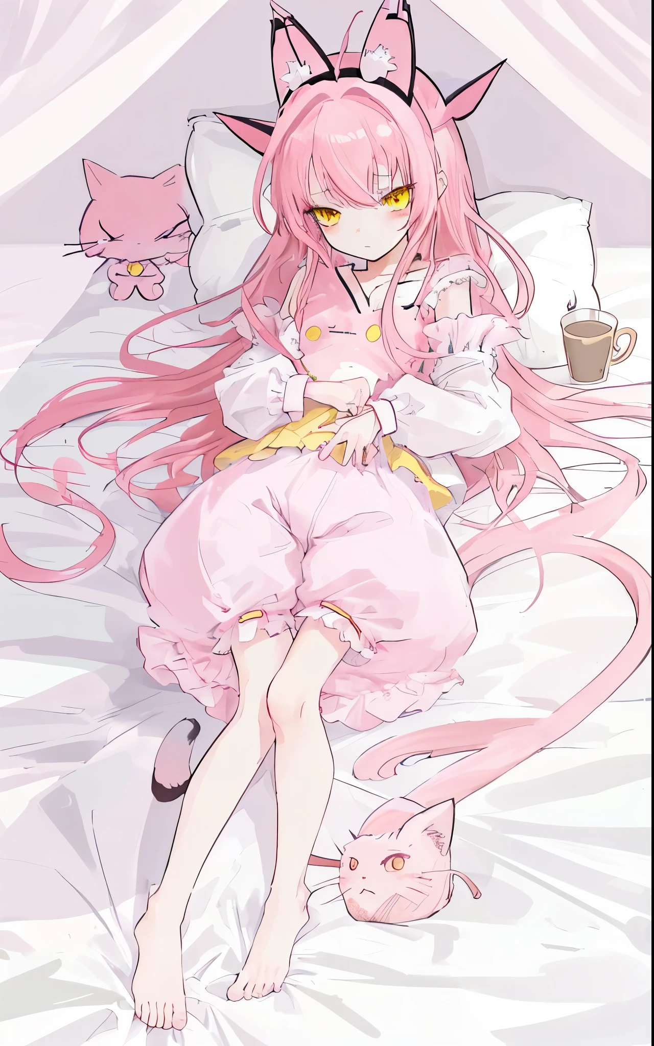 cute anime girl with long pink hair and yellow eyes, on bed, aa cup size, short height, slim body, wearing sleeping outfit and cat headband.