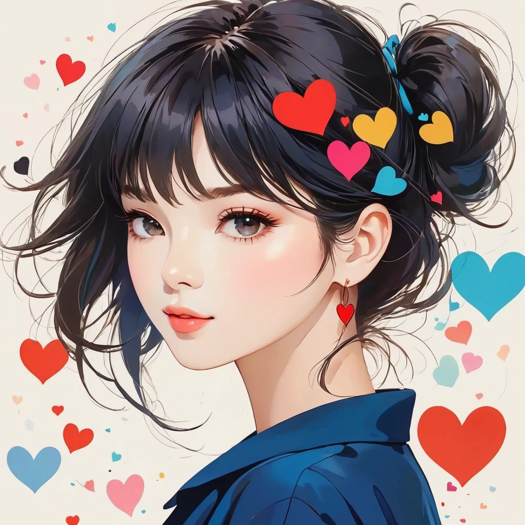Mika Pikazo style, Simple Line Initialism,Abstract art,Urban Background, colorful hearts ,(((The most beautiful girl of all time))), Sweet face.