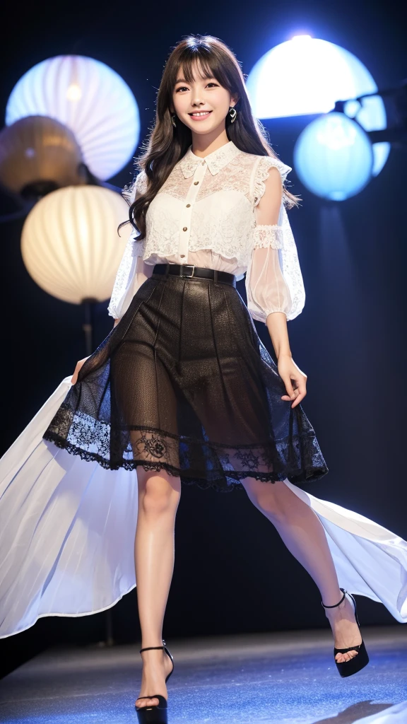 Amazingly large eyes、Smiling expression with white teeth visible、H cup bust、50cm waist、Slender and fair-skinned、Japan woman with long hair、20-year-old、Slim figure、Wearing a pleated skirt and a sheer lace blouse that flutters in the vivid breeze、Wearing high heels。On the runway at a fashion show、Her whole body was shown, from her high heels to her head, as she walked towards the viewer.、Bright, photo-quality images。