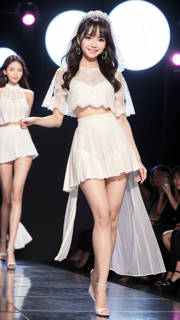 Amazingly large eyes、Smiling expression with white teeth visible、H cup bust、50cm waist、Slender and fair-skinned、Japan woman with long hair、20-year-old、Slim figure、Wearing a pleated skirt and a sheer lace blouse that flutters in the vivid breeze、Wearing high heels。On the runway at a fashion show、Her whole body was shown, from her high heels to her head, as she walked towards the viewer.、Bright, photo-quality images。