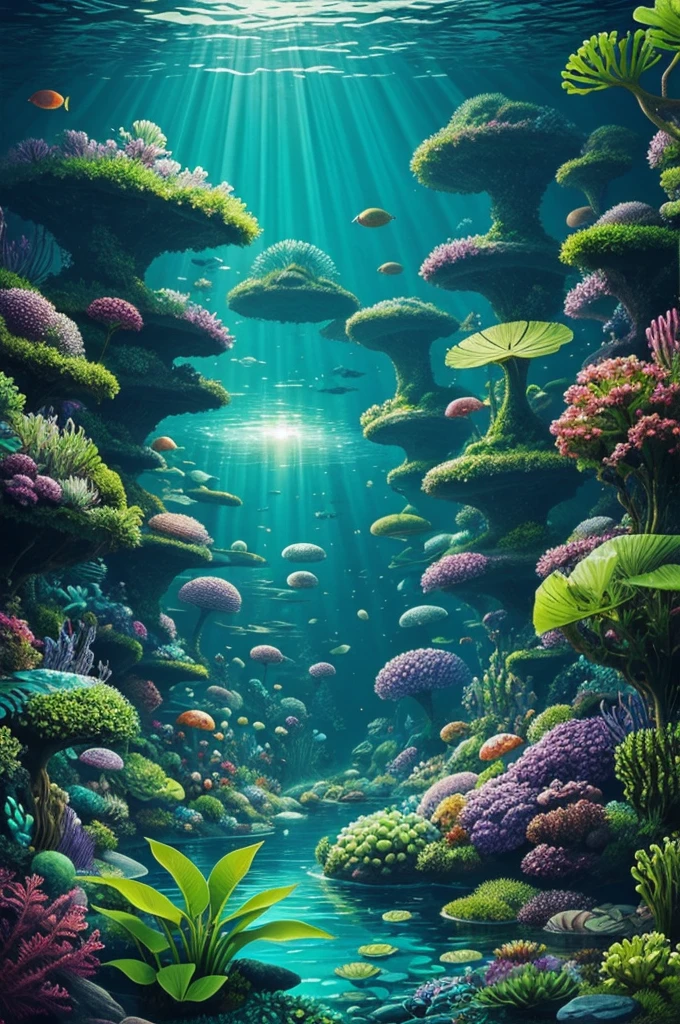 Surreal underwater garden filled with glowing plants, digital painting.
