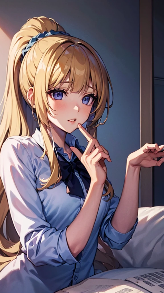 (masterpiece, top quality, best quality, official art, beautiful and aesthetic:1.2), (1girl:1.3), extremely detailed, official artstyle, highest detailed, parted lips,wallpaper, Kei Karuizawa, blonde hair, ponytail hairstyles, violet eyes, bangs, anime girl in white shirt laying in bed, an anime drawing by Kentaro Miura, pixiv, process art, anime best girl, anime visual of a cute girl, shirabii, (anime girl), seductive anime girl, anime hi-fructose, blonde anime girl with long hair, gapmoe yandere