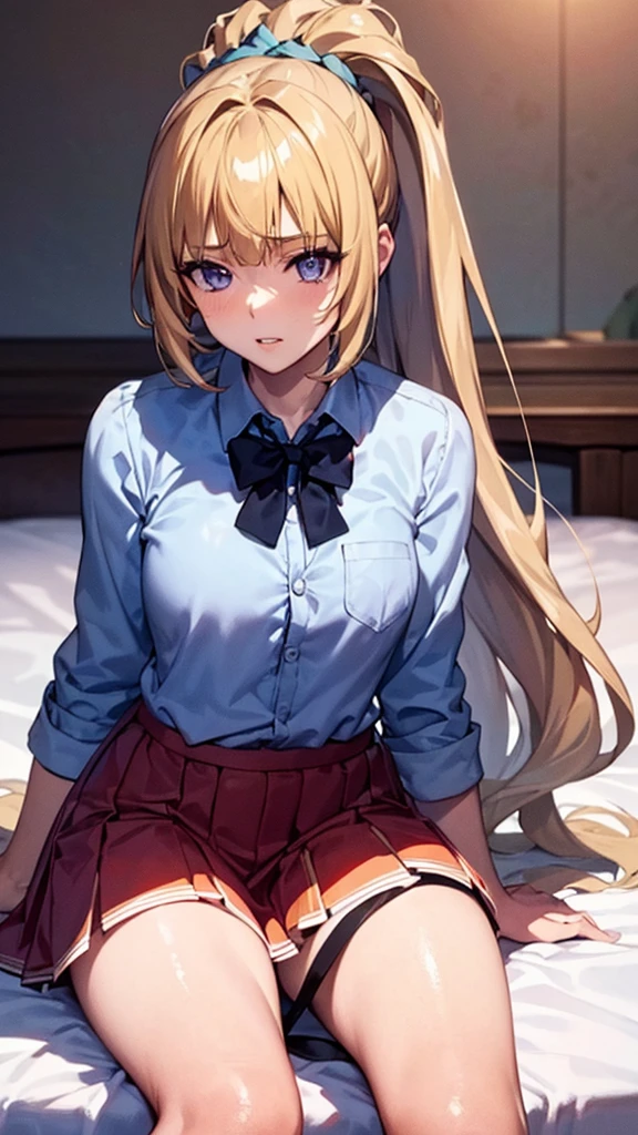 (masterpiece, top quality, best quality, official art, beautiful and aesthetic:1.2), (1girl:1.3), extremely detailed, official artstyle, highest detailed, parted lips,wallpaper, Kei Karuizawa, blonde hair, ponytail hairstyles, violet eyes, bangs, anime girl in white shirt laying in bed, an anime drawing by Kentaro Miura, pixiv, process art, anime best girl, anime visual of a cute girl, shirabii, (anime girl), seductive anime girl, anime hi-fructose, blonde anime girl with long hair, gapmoe yandere