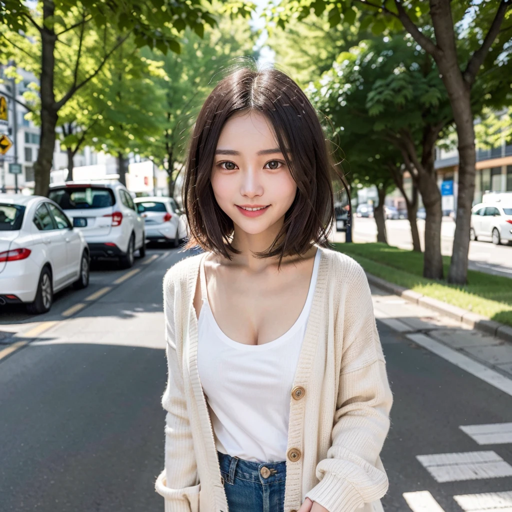 A young woman with a short, dark brown bob hairstyle、Standing outside on a sunny day。A sweet toothy smile appeared on her face.、the skin is smooth and white。She is wearing a soft, fluffy white blouse with one button open and a light brown cardigan over it.。In the background、Street trees with lush green leaves、Blurred traffic signs、You can see the pedestrian crossing。Natural light casts soft shadows on her face and hair.、It highlights the features。The scene is peaceful and bright.、Capturing a serene moment。