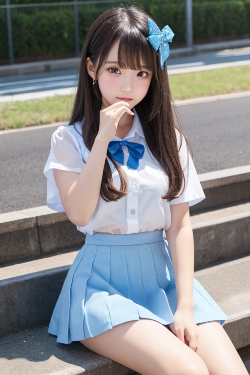 Cute Girls、high school girl、Idol、Light blue mini skirt、See-through、sit
