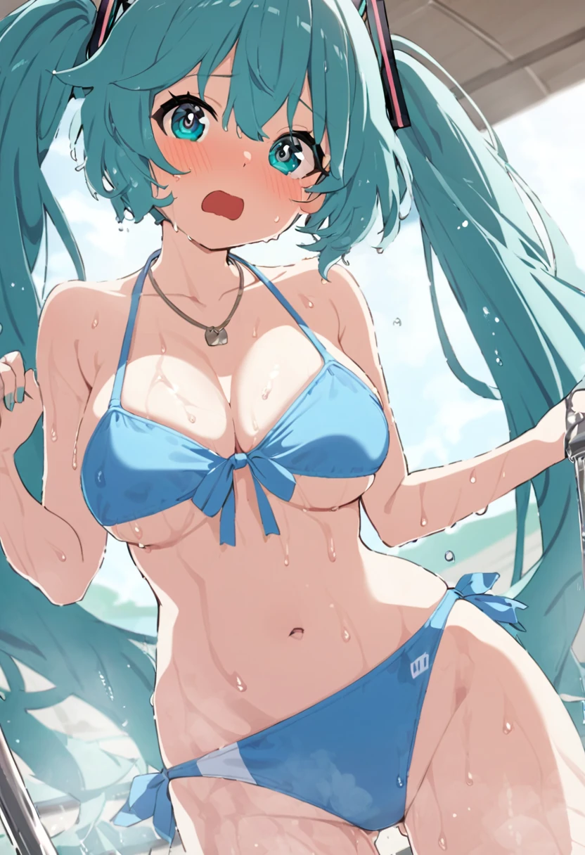 hatsune_miku highres 1girl abs bare_arms bare_shoulders bikini blue_bikini blue_eyes blue_hair blush breasts cleavage day front-tie_bikini_top front-tie_top hair_ornament heart heart_necklace jewelry large_breasts long_hair looking_at_viewer navel necklace open_mouth outdoors solo swimsuit thighs twintails underboob in shower ,wet,nipples