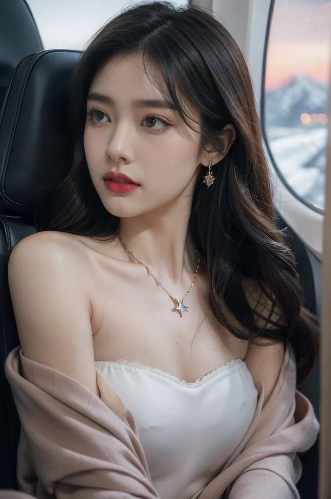 (((best quality))),(((ultra detailed))),(((masterpiece))),illustration,(a beautiful girl,female passenger,solo),(parted red lips),((slim,thin,small breasts,flat chest)),((earrings,crystal necklace)),summer night,((in airplane,economy class,indoor)),((strapless bra)),(shoulder length straight bob hair:1.2),stars,moonlight,smooth flight,engine sound,lullaby,relaxed,excited,laughing,visiting family,comfortable seats,soft fabric,headrests,adjustable,beauty of night sky,dimmed lights,sleeping passengers,movies,personal screens,staying awake,magic of sky,joy of being with family,memorable journey,adventures,(surrounded by crowded crowds:1.3),(Outside the window is high-altitude night view:1.2),((from front,close-up of face))