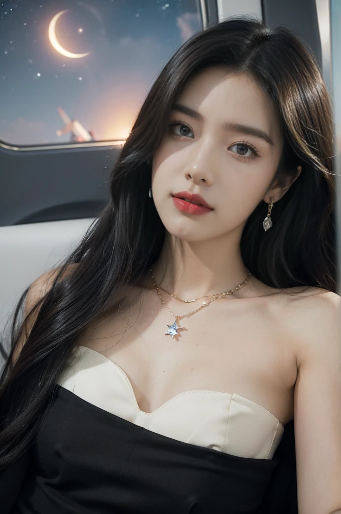 (((best quality))),(((ultra detailed))),(((masterpiece))),illustration,(a beautiful girl,female passenger,solo),(parted red lips),((slim,thin,small breasts,flat chest)),((earrings,crystal necklace)),summer night,((in airplane,economy class,indoor)),((strapless bra)),(shoulder length straight bob hair:1.2),stars,moonlight,smooth flight,engine sound,lullaby,relaxed,excited,laughing,visiting family,comfortable seats,soft fabric,headrests,adjustable,beauty of night sky,dimmed lights,sleeping passengers,movies,personal screens,staying awake,magic of sky,joy of being with family,memorable journey,adventures,(surrounded by crowded crowds:1.3),(Outside the window is high-altitude night view:1.2),((from front,close-up of face))