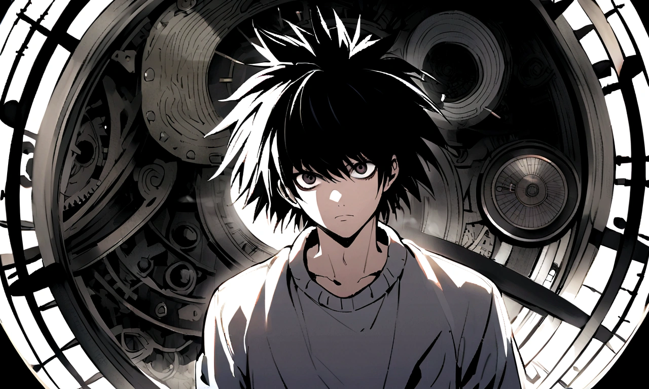 black and white drawing, giant clockwork background, human, 26 year old male 1, black neat hair, a face, wearing gray tracksuit, wearing a white shirt, L deathnote, follow him, walking