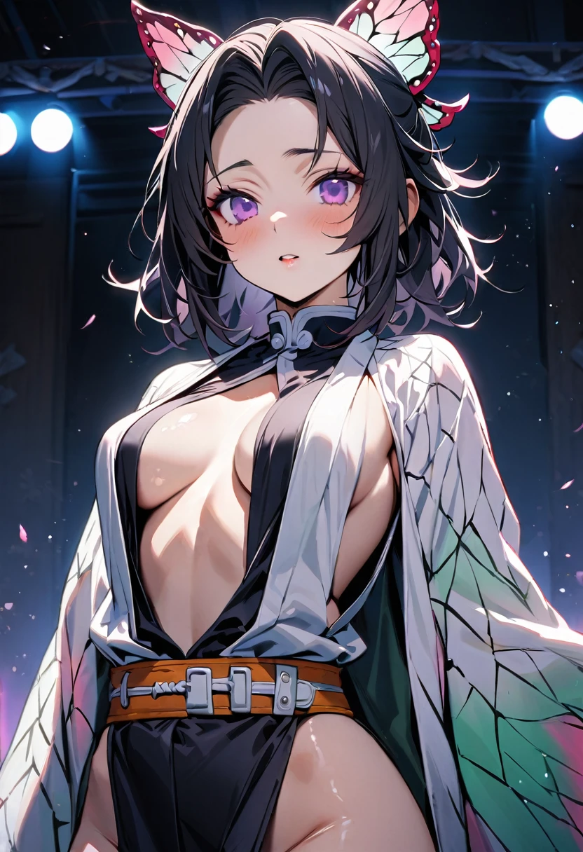 (best quality, masterpiece, ultra highres, ultra-detailed:1.2) ,1girl cosplaying as shinobu kochou from "Demon Slayer: Kimetsu no Yaiba",purple eyes, black hair, medium breasts, cowboy shot,at cosplay stage,shiny skin,