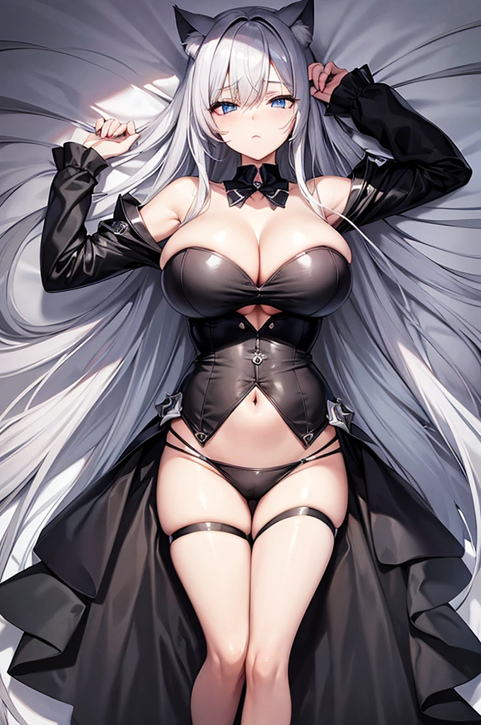 silver hair, blue eyes, cat ears, navel, cleavage, neat black uniform, long straight hair, sleepy expression, very large breasts, slightly approximate, leash
