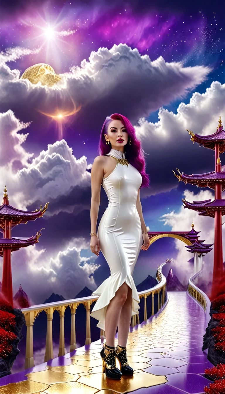 hdr, best image, 8k, photo 12;1, of A beautiful woman, white latex dress, below the knee, long purple hair, 'black shoes', standing at 1; wide bridge of white ivory with GOLD, red tile floor, high, over the clouds, descending to the infinity of the universe, stars of the cosmos, universe, giant mountain, calm rain.