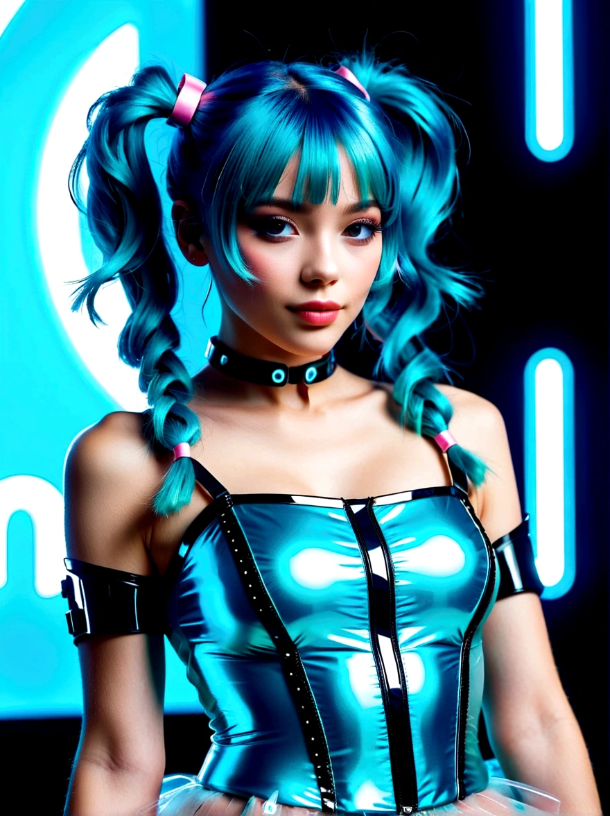 (A young woman with cyan hair in double ponytails:1.5)，Wearing a futuristic outfit，Consists of an electronic-themed dress，(She was wearing transparent high heels made of electronic elements.:1.3)，Her headband consists of a square-shaped emblem.，Hanging ribbons，The color palette includes cyan，black and white，The overall tone is colorful and vibrant，(Full body shot:1.5)，(Vision:1.5)，((Looking directly at the audience，first-person view, ass pov))