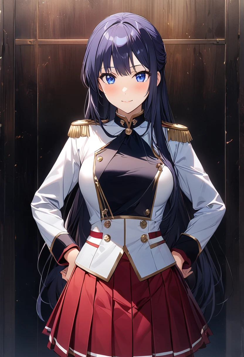 Highest quality、unity 8k wallpaper、32k、masterpiece、Very detailed、Ultra-high resolution、Very detailedな顔、RAW Photos、Professional、Ultra-fine painting、High-quality metal texture、High quality fabric、Ryuzoji Akane、Hands on hips、White Uniform、Blue pleated skirt、