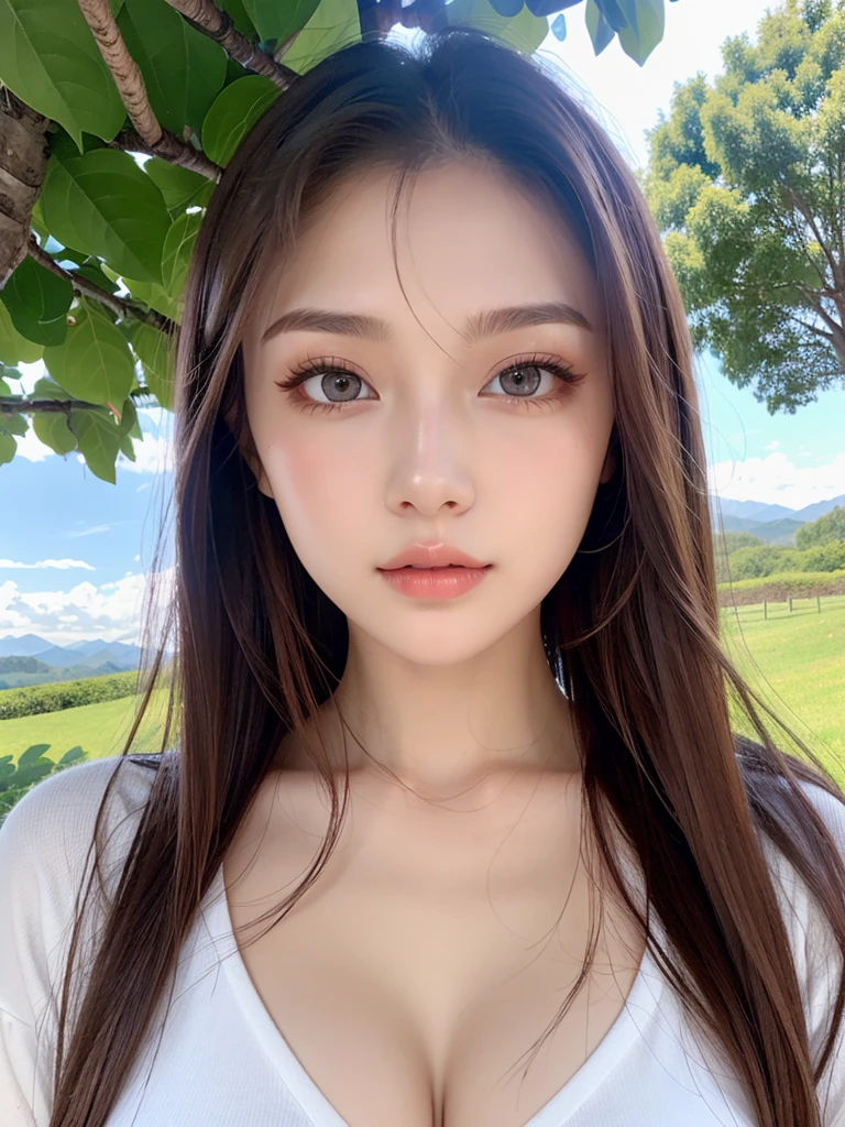 A Russian beauty、high quality、Highest quality、Well-proportioned face、Well-proportioned body、Lustrous lips、Beautiful white skin、Beautiful Eyes、Bewitching eyes、20-year-old、Stylish clothing、Beautifully shaped breasts、Long chestnut hair、Long eyelashes、Beautiful Landscape、