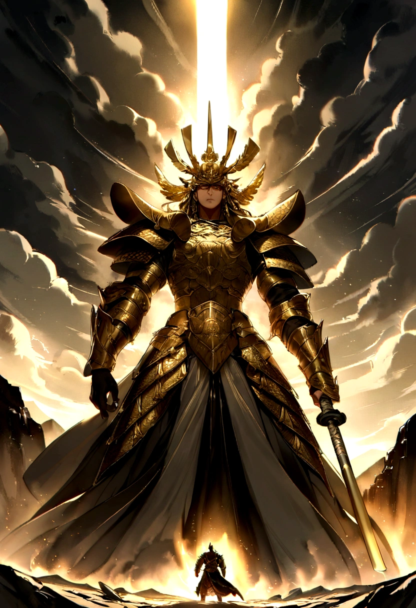 An imposing scene of Bishamonten, the warrior god of fortune and protector of Buddhist faith, standing atop a high cliff overlooking a vast battlefield. He is clad in elaborate samurai armor with gold accents, holding a gleaming spear in one hand and a small pagoda in the other. His expression is fierce and determined, with an aura of divine protection and strength surrounding him. The sky is stormy with dark clouds, but rays of sunlight break through, casting dramatic light and shadow over the scene. Below, warriors prepare for battle, inspired by Bishamonten's powerful presence. The atmosphere is intense and majestic, evoking a sense of divine guardianship and valor. --v 5