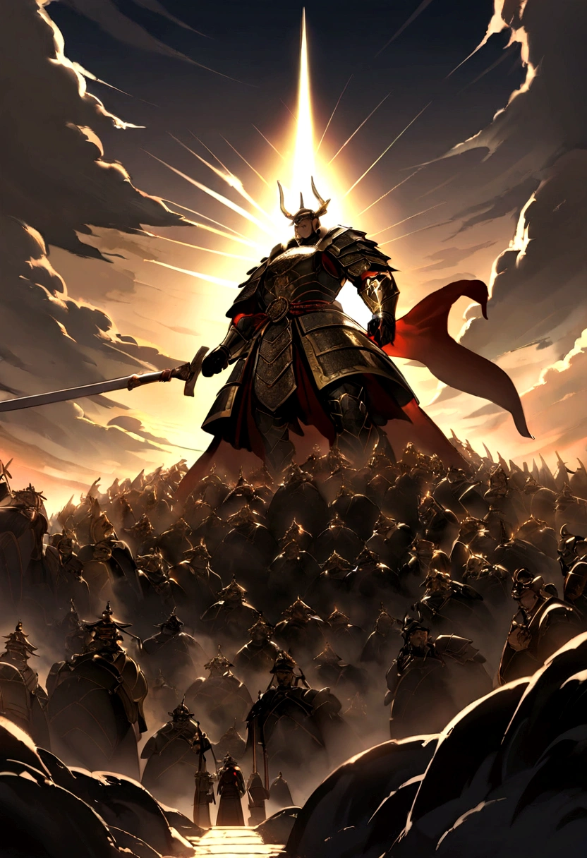 An imposing scene of Bishamonten, the warrior god of fortune and protector of Buddhist faith, standing atop a high cliff overlooking a vast battlefield. He is clad in elaborate samurai armor with gold accents, holding a gleaming spear in one hand and a small pagoda in the other. His expression is fierce and determined, with an aura of divine protection and strength surrounding him. The sky is stormy with dark clouds, but rays of sunlight break through, casting dramatic light and shadow over the scene. Below, warriors prepare for battle, inspired by Bishamonten's powerful presence. The atmosphere is intense and majestic, evoking a sense of divine guardianship and valor. --v 5

