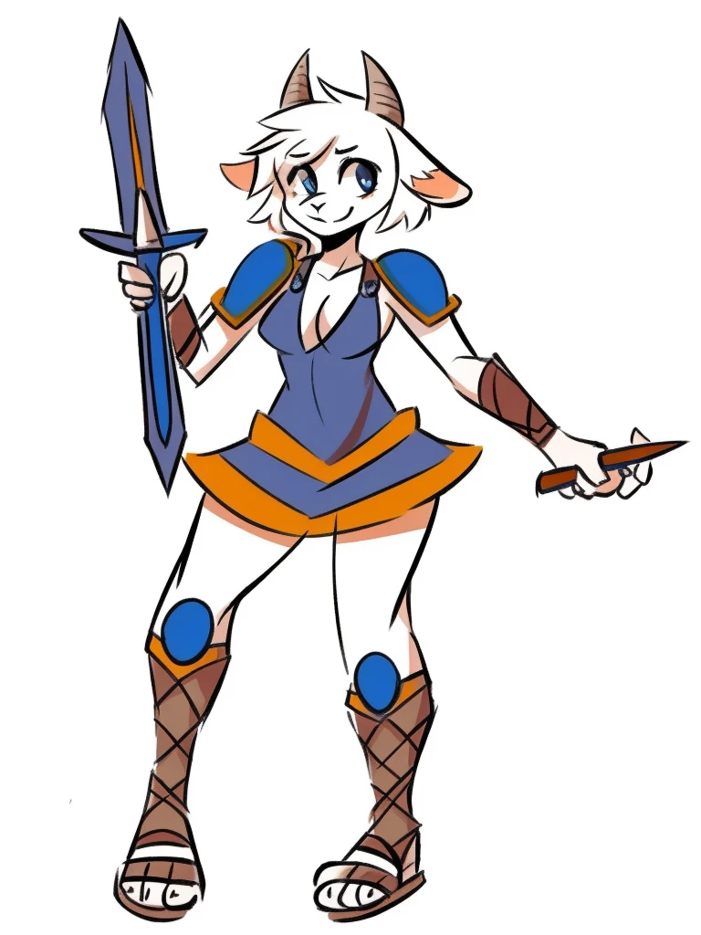 1girl, furry, furry_female, goat_ears, goat_girl, smile, solo, wearing  armor, gladiator flat sandals, gladiator skirt, humanoid feet, holding sword