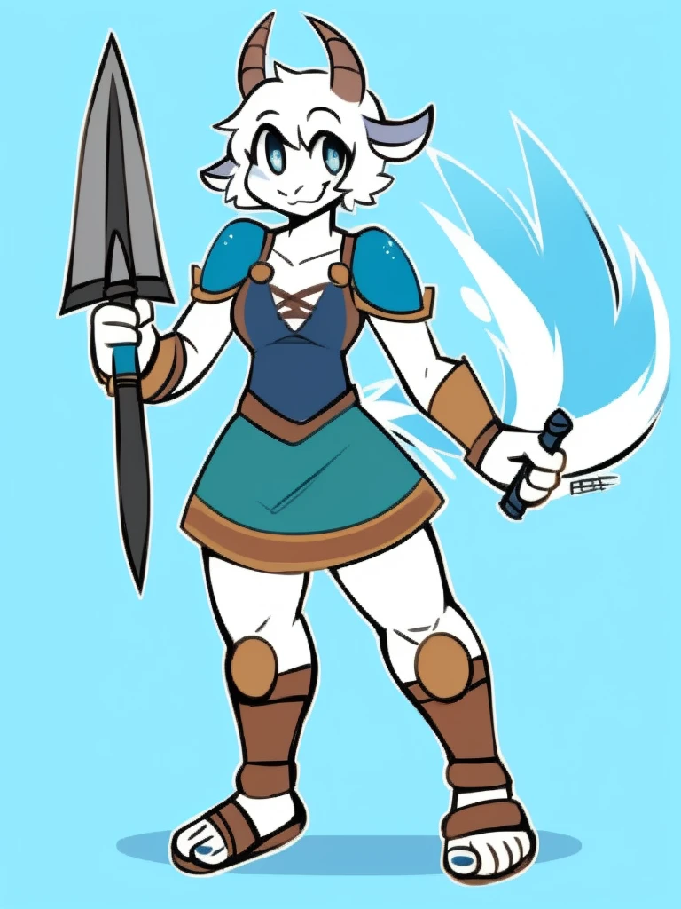 1girl, furry, furry_female, goat_ears, goat_girl, smile, solo, wearing armor, gladiator flat sandals, gladiator skirt, humanoid feet, holding sword