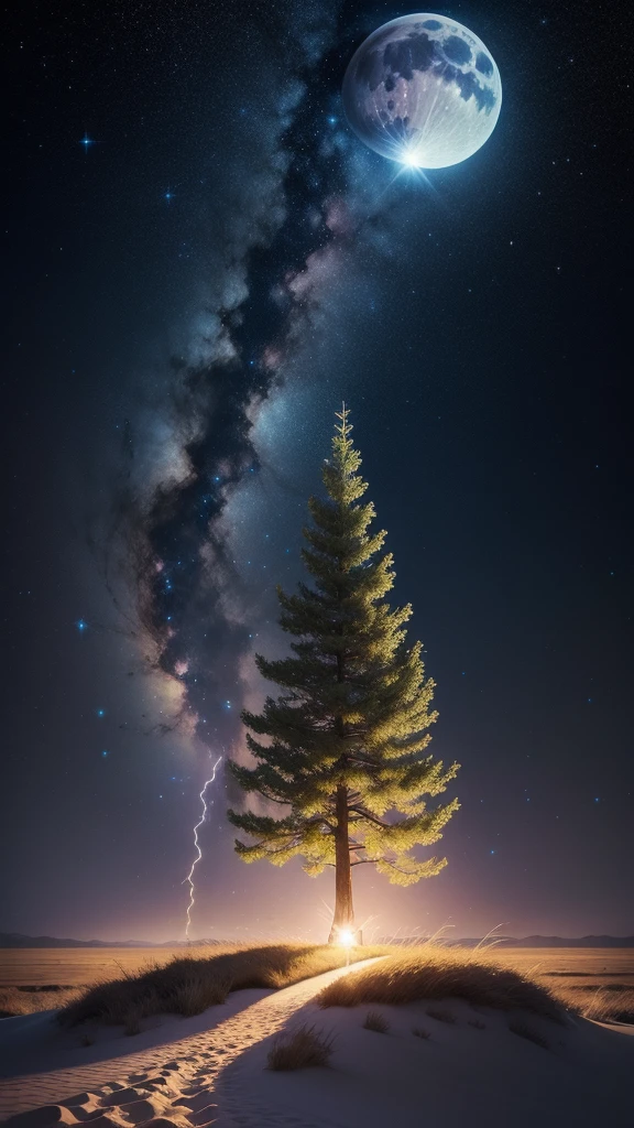 Quicksand,Endless starry sky,Shining towering tree,In the grassland,Dreams are magical,fluffy,Moon on the first chord