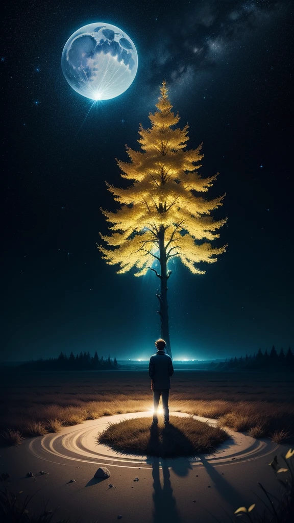 Quicksand,Endless starry sky,Shining towering tree,In the grassland,Dreams are magical,fluffy,Moon on the first chord