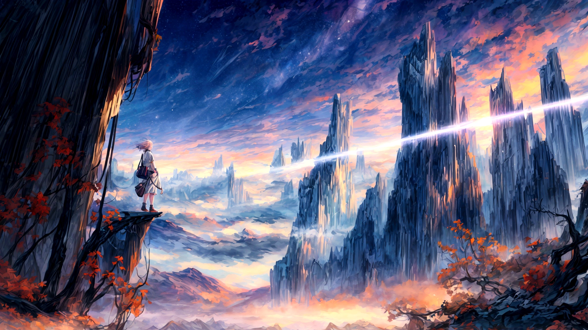 An anime-style image of a young woman journeying through a vast, mysterious world. She is shown walking with a determined expression, carrying a bag and looking out at the endless roads ahead. The background includes diverse landscapes such as mountains, forests, and open skies, depicted with soft, pastel colors to create a dreamy and adventurous mood. The scene captures the essence of adventure, hope, and the excitement of new discoveries. The image should be in a 16:9 aspect ratio.A vast world
