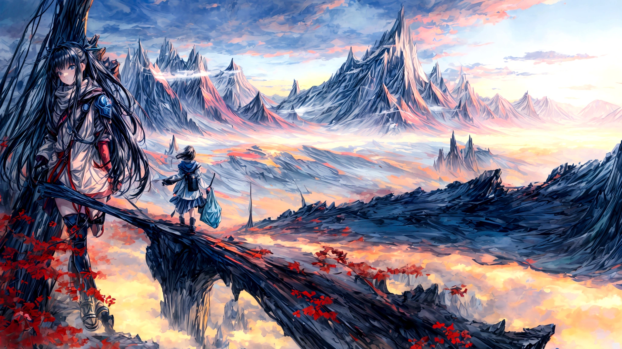 An anime-style image of a young woman journeying through a vast, mysterious world. She is shown walking with a determined expression, carrying a bag and looking out at the endless roads ahead. The background includes diverse landscapes such as mountains, forests, and open skies, depicted with soft, pastel colors to create a dreamy and adventurous mood. The scene captures the essence of adventure, hope, and the excitement of new discoveries. The image should be in a 16:9 aspect ratio.A vast world