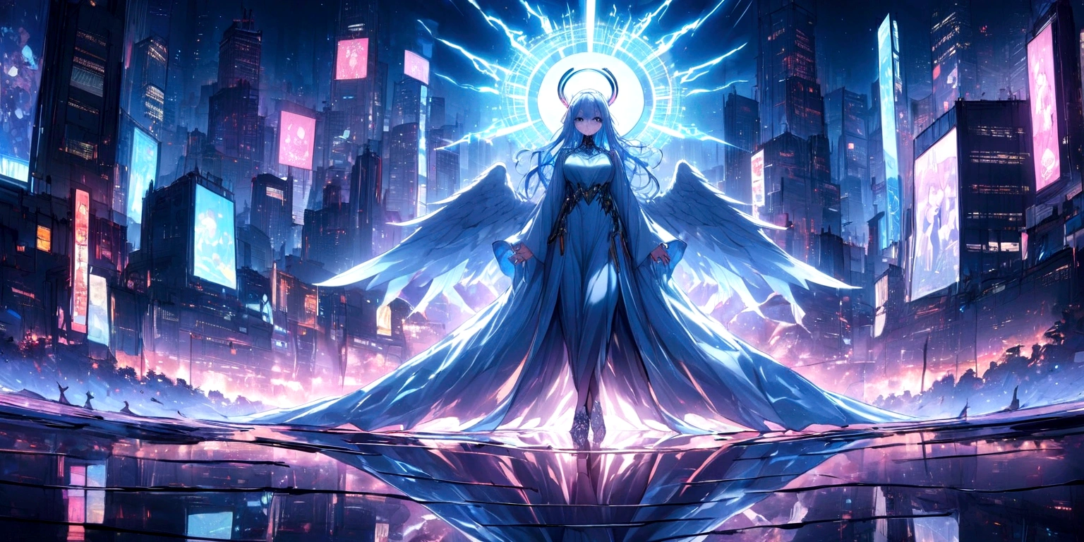 ((masterpiece, Highest quality, Best image quality, High resolution、４ｋ)) An angel in the center of the screen、Glowing white wings、Glowing halo、Cyberface、Wearing a flowing ethereal robe、god々Shining with a bright light。With a harp in his hand、Glowing blue eyes and advanced cybernetic enhancements. Seen in dynamic action poses, reflection on a smooth surface. The cityscape below is filled with towering skyscrapers., illuminated by colorful holographic advertisements, Shining with blue energy, Mighty power. The overall atmosphere is dark and mysterious., It had a futuristic techno vibe.. The lighting is dramatic, Intense highlights and deep shadows, Creates depth and tension