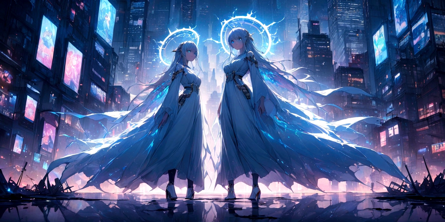 ((masterpiece, Highest quality, Best image quality, High resolution、４ｋ)) An angel in the center of the screen、Glowing white wings、Glowing halo、Cyberface、Wearing a flowing ethereal robe、god々Shining with a bright light。With a harp in his hand、Glowing blue eyes and advanced cybernetic enhancements. Seen in dynamic action poses, reflection on a smooth surface. The cityscape below is filled with towering skyscrapers., illuminated by colorful holographic advertisements, Shining with blue energy, Mighty power. The overall atmosphere is dark and mysterious., It had a futuristic techno vibe.. The lighting is dramatic, Intense highlights and deep shadows, Creates depth and tension