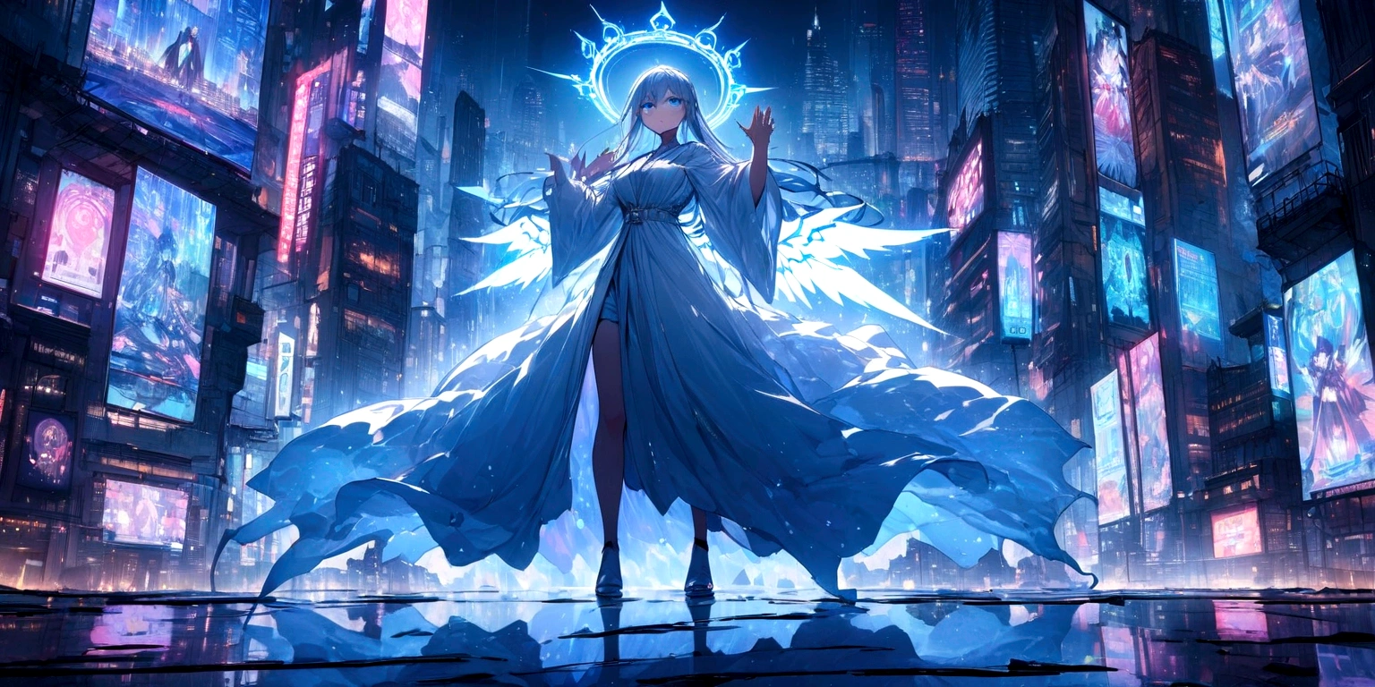((masterpiece, Highest quality, Best image quality, High resolution、4k)) An angel in the center of the screen、Glowing white wings、Glowing halo、Cyberface、Wearing a flowing ethereal robe、god々Shining with a bright light。With a harp in his hand、Glowing blue eyes and advanced cybernetic enhancements. Seen in dynamic action poses, reflection on a smooth surface. The cityscape below is filled with towering skyscrapers., illuminated by colorful holographic advertisements, Shining with blue energy, Mighty power. The overall atmosphere is dark and mysterious., It had a futuristic techno vibe.. The lighting is dramatic, Intense highlights and deep shadows, Creates depth and tension