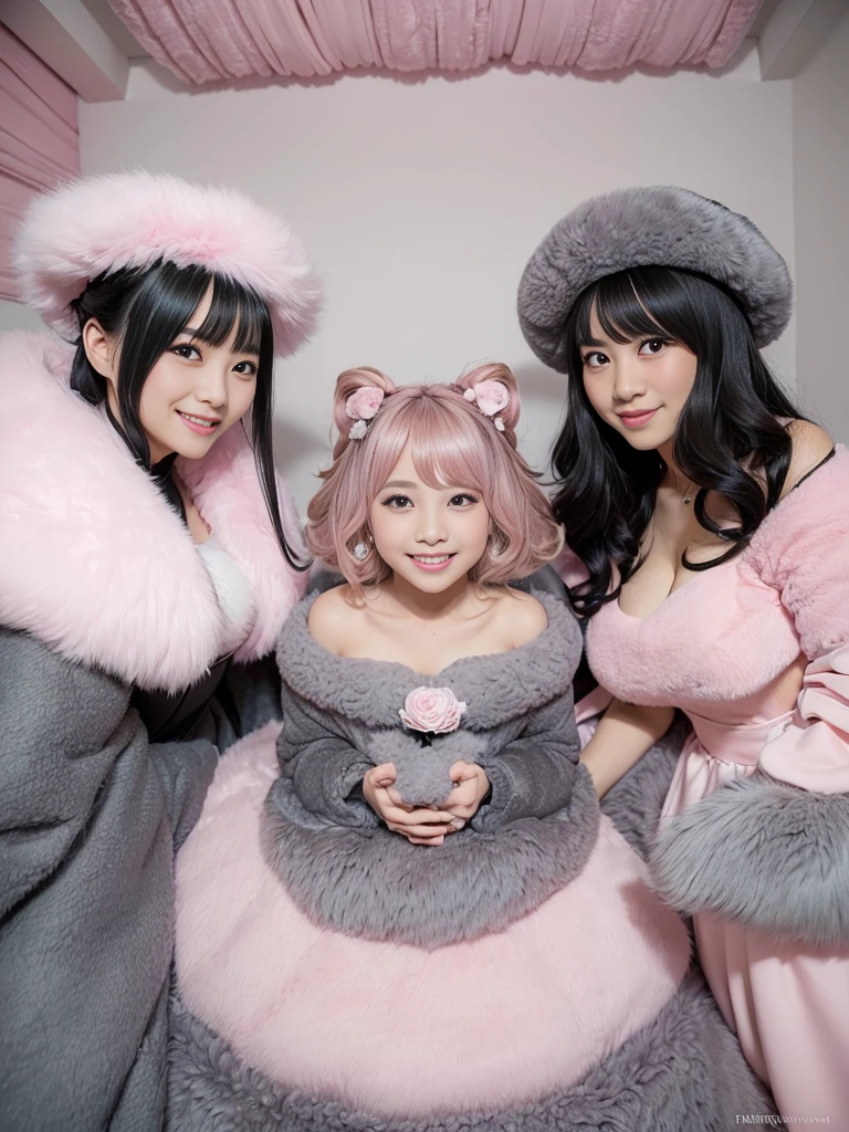fluffyの毛皮。fluffy。Three Girls 、Pink fur、Luxurious fur、ピンクのFur coat、Fur coat、Fur Cape、Black fur cuffs