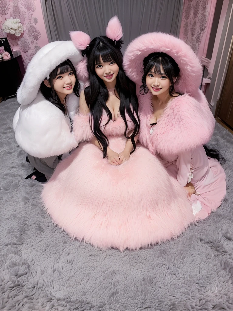 fluffyの毛皮。fluffy。((gorgeous))(smile)(((Pair of women、Pink feminine room、Beautiful black hair)))。((Wedding dress、Fluffy carpet、Grey fur cape))。Fisheye Lens。