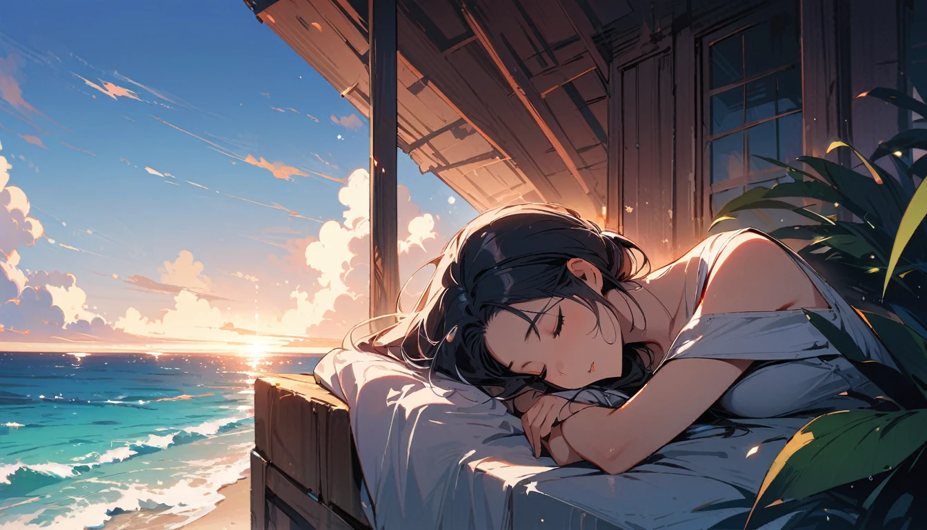 (masterpiece, Highest quality:1.2), 1 Girl, alone,Eyes open,Sleeping,Tropical atmosphere,Ocean