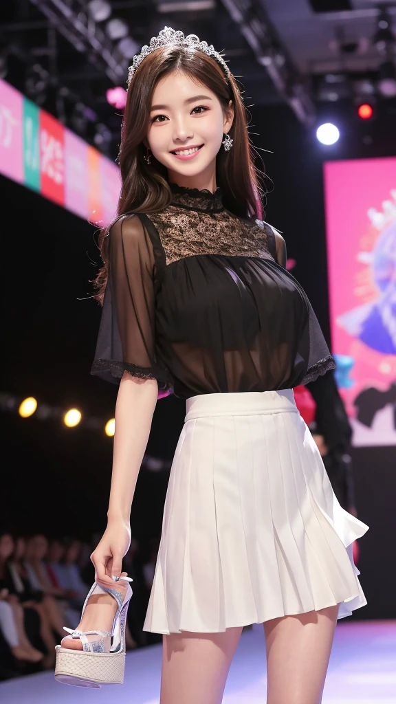 Amazingly large eyes、Smiling expression with white teeth visible、H cup bust、50cm waist、Slender and fair-skinned、Japan woman with long hair、20-year-old、Slim figure、Wearing a pleated skirt and a sheer lace blouse that flutters in the vivid breeze、Wearing high heels。On the runway at a fashion show、Her whole body was shown, from her high heels to her head, as she walked towards the viewer.、Bright, photo-quality images。