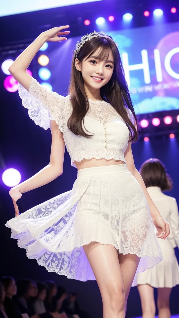 Amazingly large eyes、Smiling expression with white teeth visible、H cup bust、50cm waist、Slender and fair-skinned、Japan woman with long hair、20-year-old、Slim figure、Wearing a pleated skirt and a sheer lace blouse that flutters in the vivid breeze、Wearing high heels。On the runway at a fashion show、Her whole body was shown, from her high heels to her head, as she walked towards the viewer.、Bright, photo-quality images。