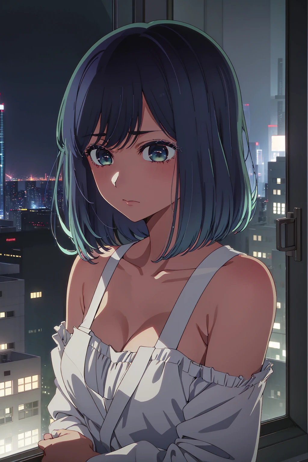 akane kurokawa,naked,rock,Blue Hair,naked,hot,sexy,beautiful,Perfect body,One Girl,big ,masterpiece,Perfect Face,Expressive Face,naked,night、Lying on a bed by the window in a high-rise building,Atmospheric lighting、Sad face