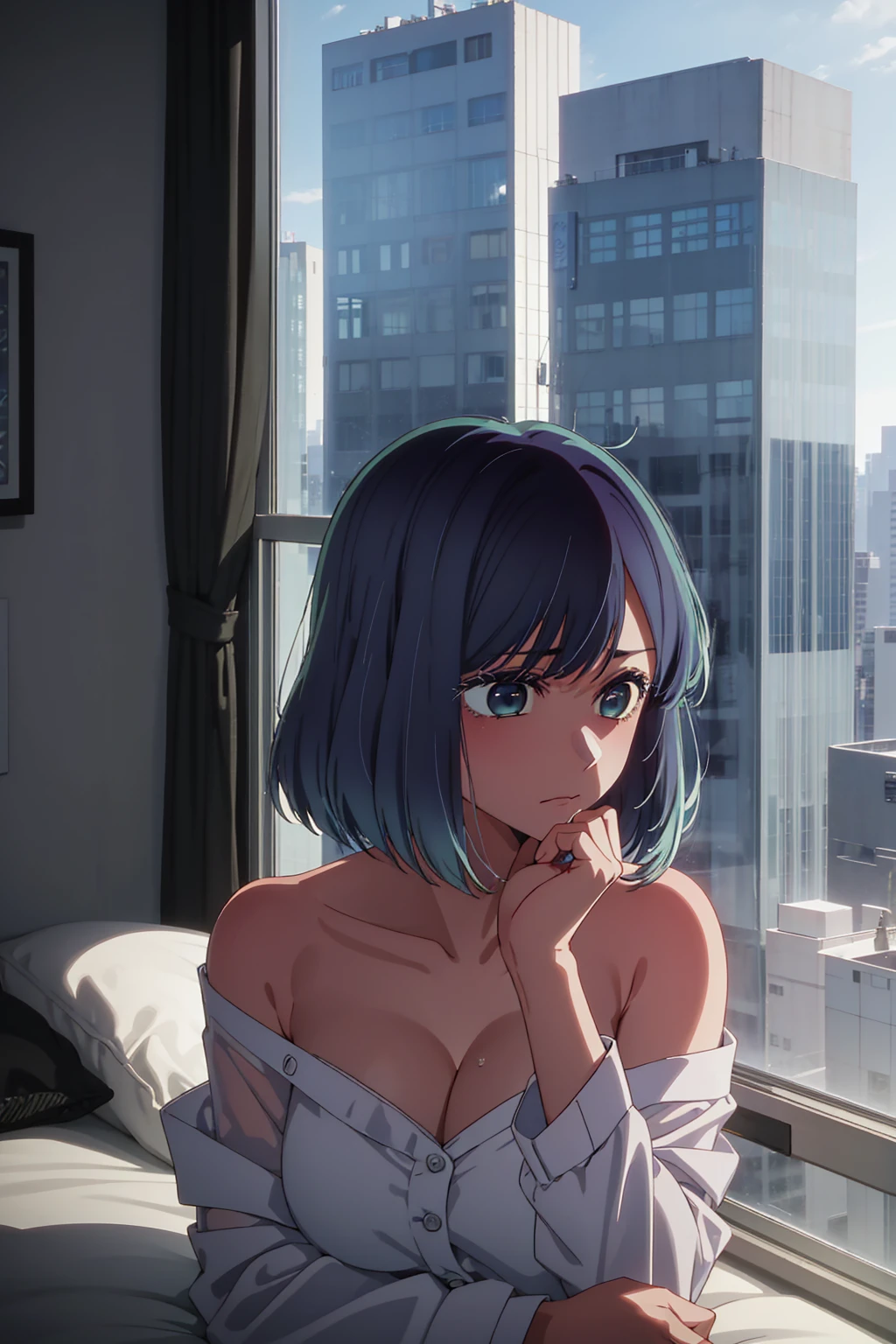 akane kurokawa,naked,rock,Blue Hair,naked,hot,sexy,beautiful,Perfect body,One Girl,big ,masterpiece,Perfect Face,Expressive Face,naked,night、Lying on a bed by the window in a high-rise building,Atmospheric lighting、Sad face