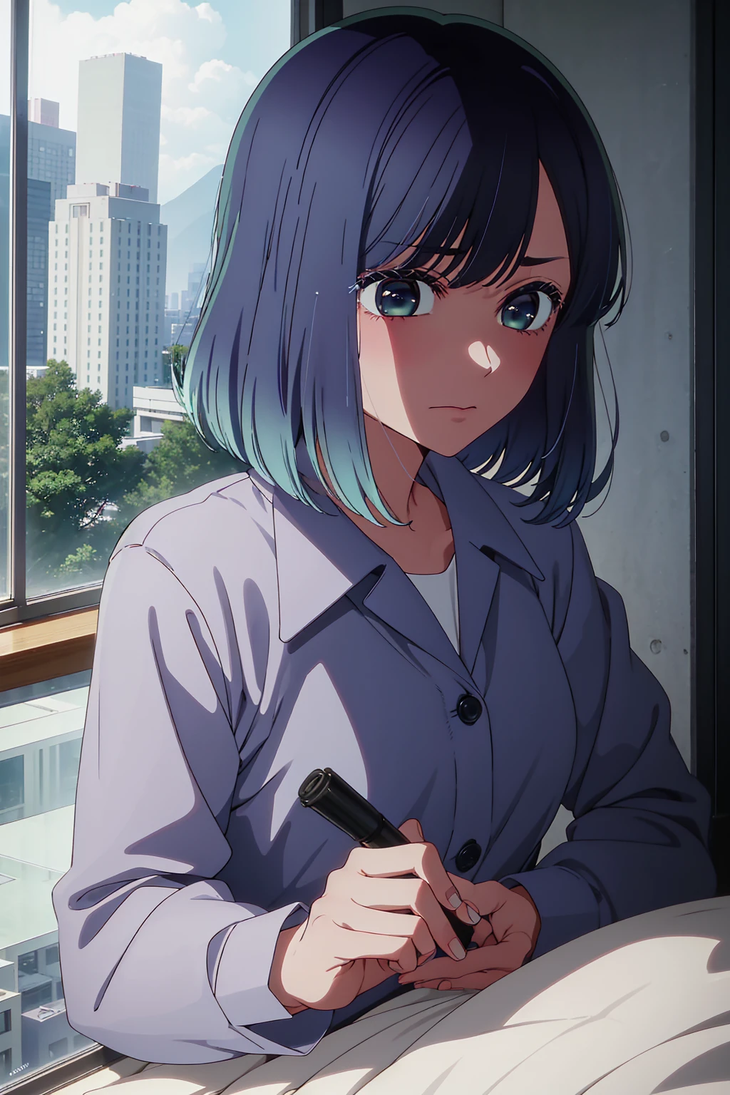 akane kurokawa,naked,rock,Blue Hair,naked,hot,sexy,beautiful,Perfect body,One Girl,big ,masterpiece,Perfect Face,Expressive Face,naked,night、Lying on a bed by the window in a high-rise building,Atmospheric lighting、Sad face