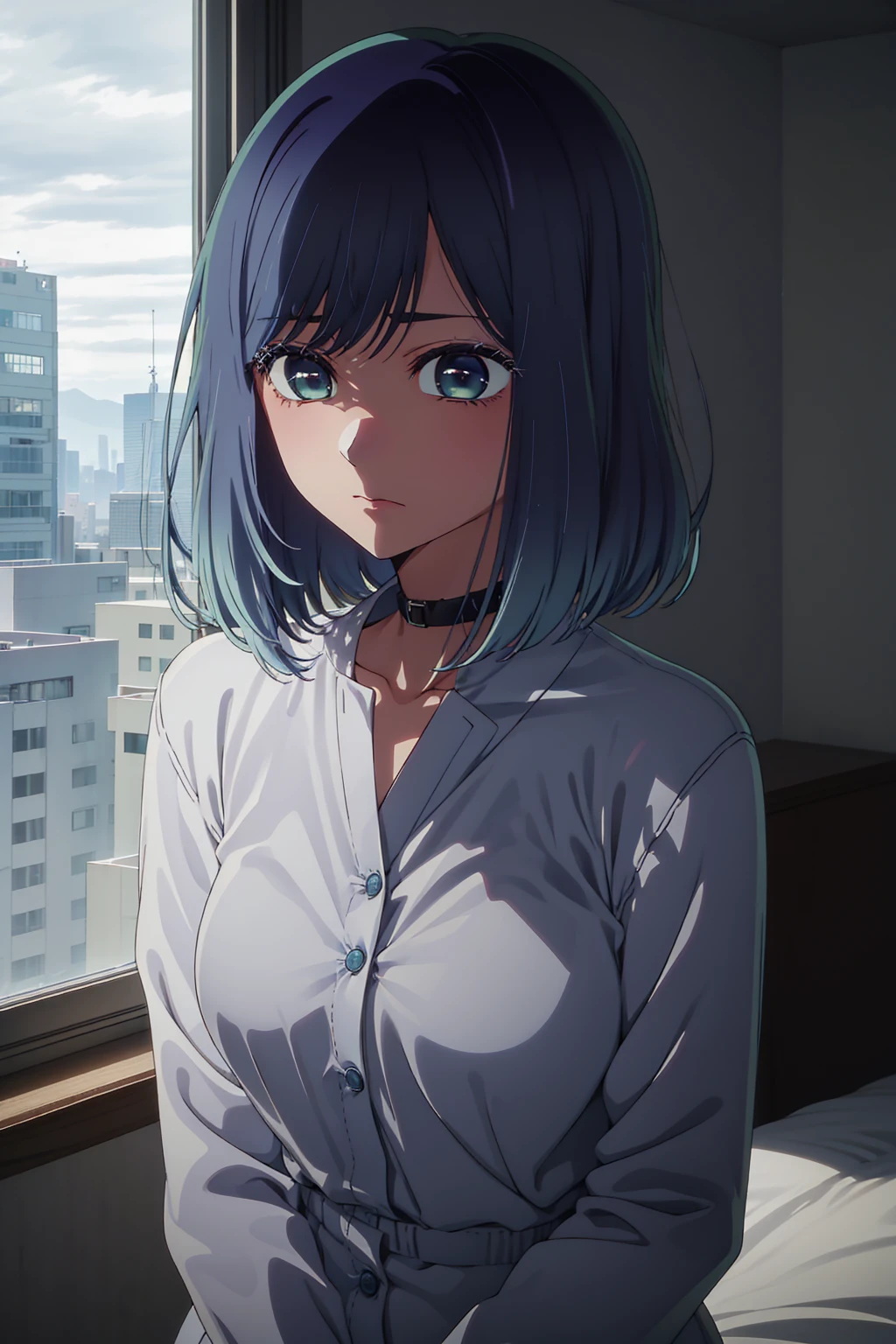 akane kurokawa,naked,rock,Blue Hair,naked,hot,sexy,beautiful,Perfect body,One Girl,big ,masterpiece,Perfect Face,Expressive Face,naked,night、Lying on a bed by the window in a high-rise building,Atmospheric lighting、Sad face