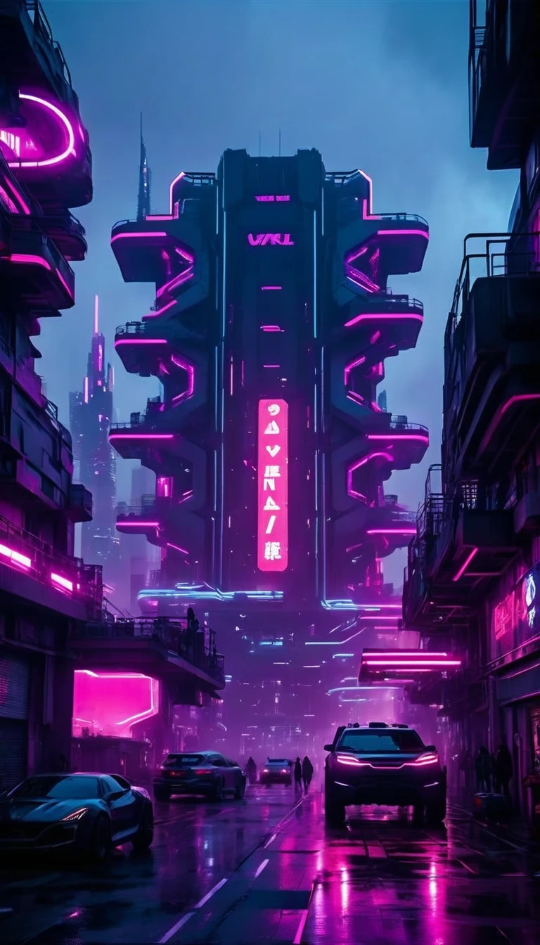 Photos of a huge dystopian secret facility, futurist, Blade Runner Style, Apocalypse, Grey Sky, Huge ship (Space Freighter) Floating around structures, The site is surrounded by huge, futuristic buildings., The building is lit up with neon lights., Thousands of beautiful girls walking down the street, There is a futuristic car with neon pink lights all around., Alien environment, Be as realistic as possible, Award-winning works.