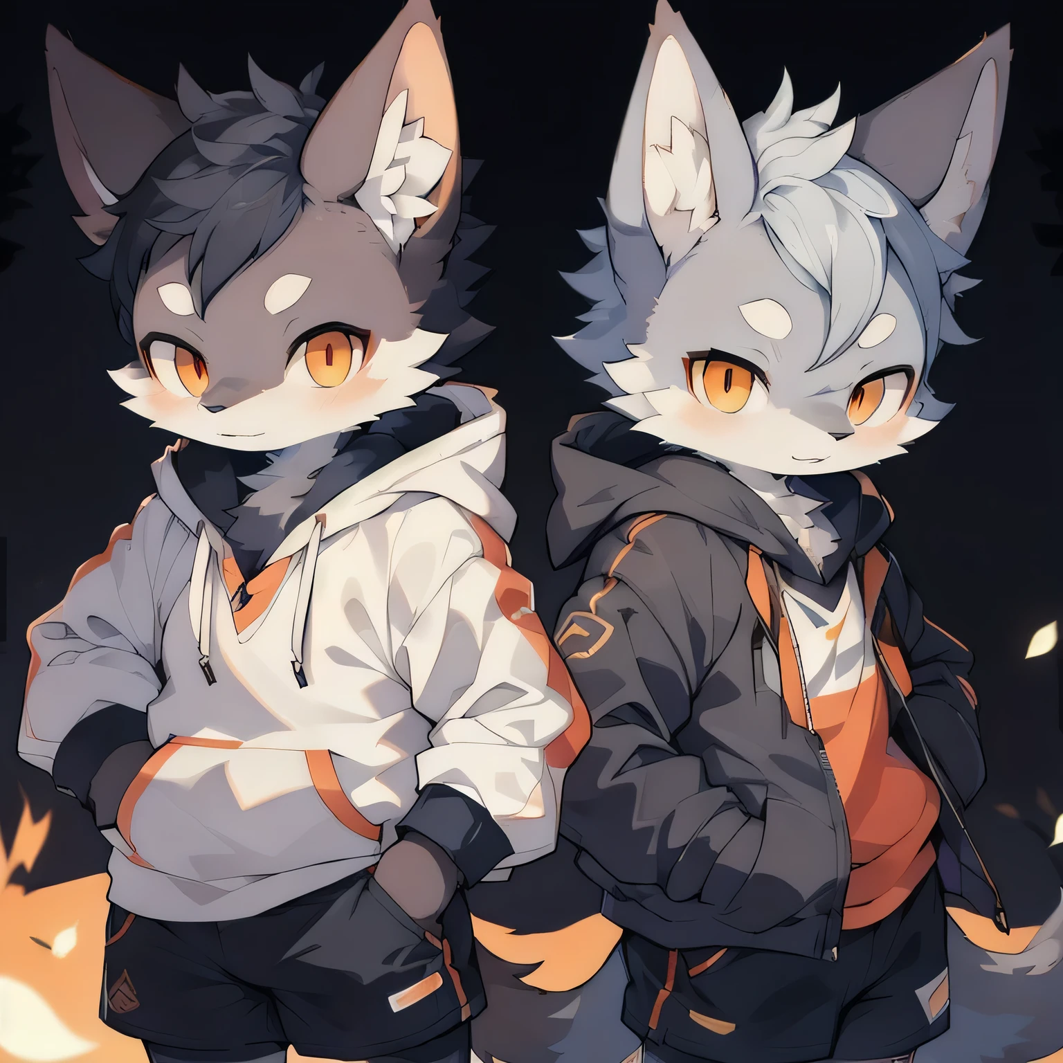 Shota,hairy,Lovely,charming,Navy blue fur,White ears,Orange eyes,hoodie,Grey shorts,Cold Light,night,Fantastic shadow light,male,Wolf
