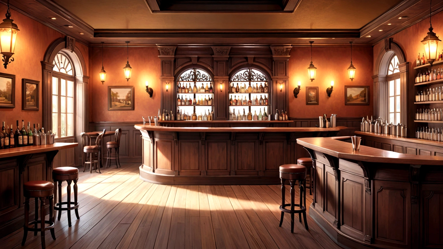 a cozy empty tavern, bartender, (wide view:1.2), warm color palette, ornate bar counter, inviting atmosphere