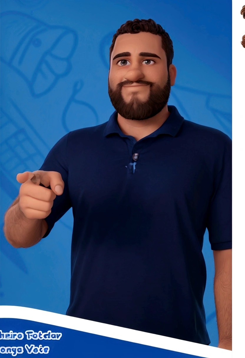 Create the image of a 30-year-old man, with beard and short curly hair, lightly shaved. He has his arms crossed, wearing a dark blue polo t-shirt. Your face has soft and striking details, with a fixed and defiant look. The position is confident, with a convinced smile on his lips.