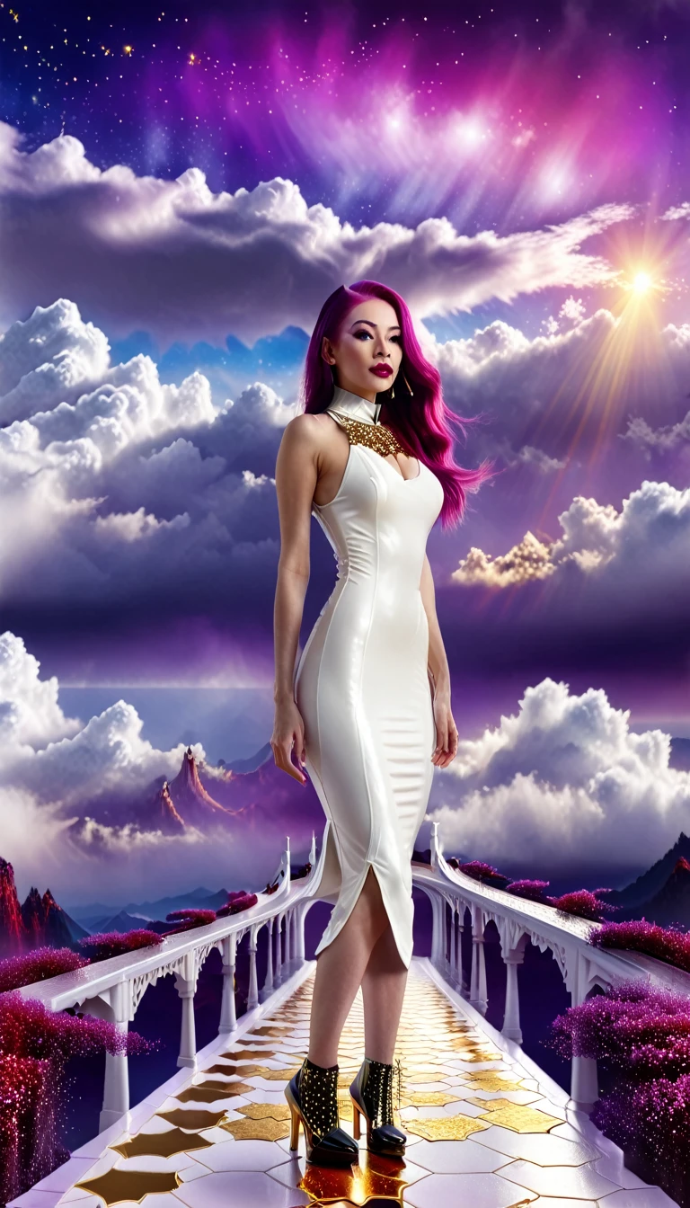 hdr, best image, 8k, photo 12;1, of A beautiful woman, white latex dress, below the knee, long purple hair, 'black shoes', standing at 1; wide bridge of white ivory with GOLD, red tile floor, high, over the clouds, descending to the infinity of the universe, stars of the cosmos, universe, giant mountain, calm rain.