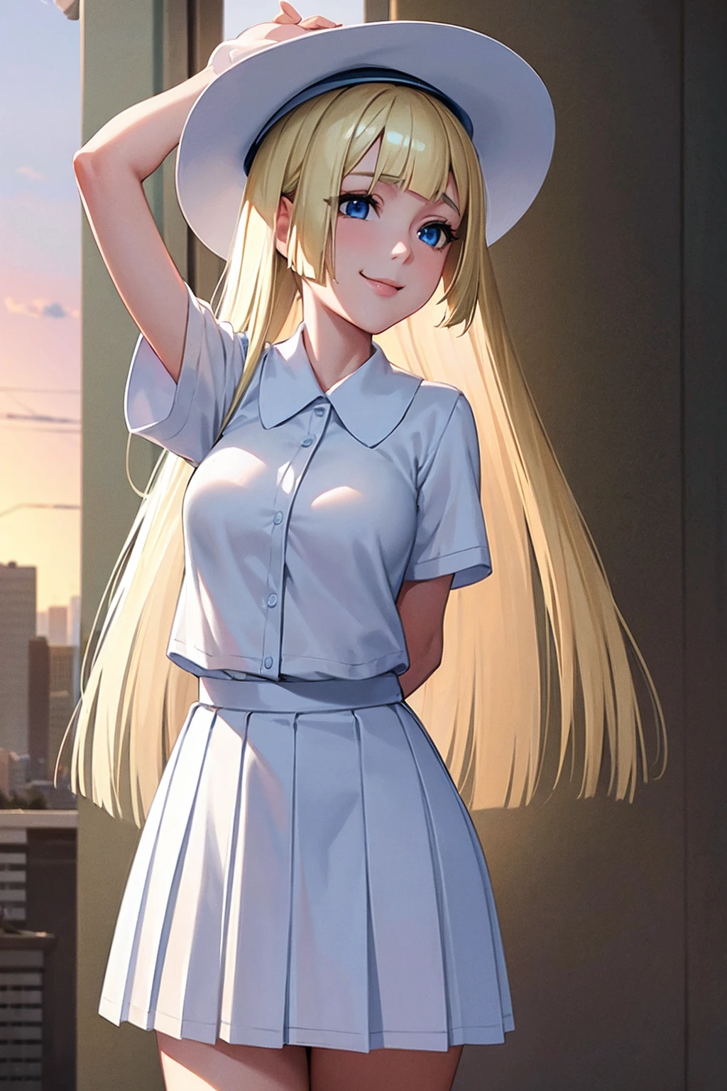 Masterpiece, stunning realistic, best quality, sharpness, 1 girl ,Lillie,blonde hair,blue eyes ,white summer headware,medium breasts,standing in a city,arms behind head,cute smile,half body,white shirt, short sleeves, white skirt, pleated skirt, 