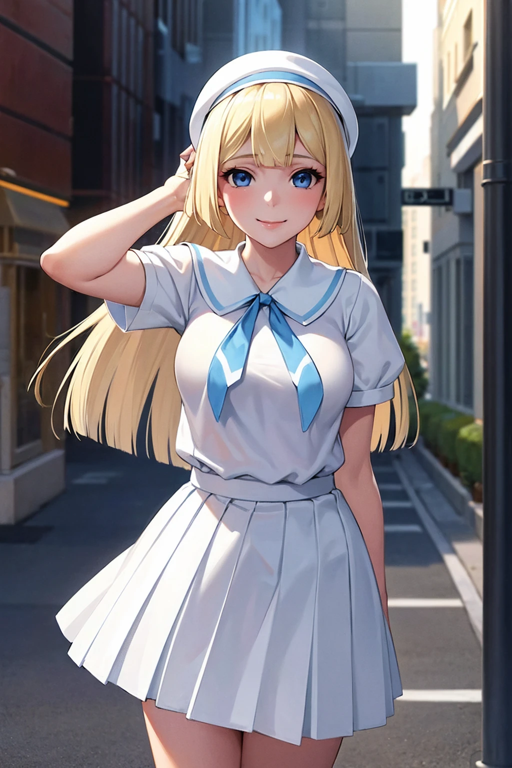 Masterpiece, stunning realistic, best quality, sharpness, 1 girl ,Lillie,blonde hair,blue eyes ,white summer headware,medium breasts,standing in a city,arms behind head,cute smile,half body,white shirt, short sleeves, white skirt, pleated skirt, 