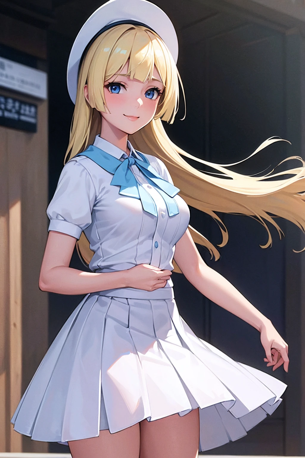 Masterpiece, stunning realistic, best quality, sharpness, 1 girl ,Lillie,blonde hair,blue eyes ,white summer headware,medium breasts,standing in a city,arms behind head,cute smile,half body,white shirt, short sleeves, white skirt, pleated skirt, 