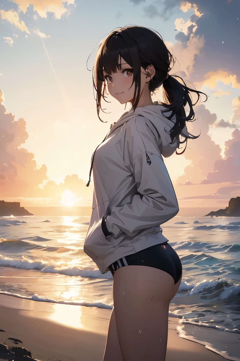 (masutepiece), (Best Quality), hyper detailed illustration，beautiful artwork，(Extreme Detail CG Unity 8K wallpaper、​masterpiece、top-quality)、(exquisite lighting and shadow、highly dramatic picture、cinematic lens effects)、One girl in white hoodie and school swimsuit standing beach, black long haired girl wearing hoodie, Wet，(Evil smile)，Brown eyes，(Tsurime)，(straggling hair)，Saw，(Wet)，poneyTail，(on the beach)，beach side，(light sparkles)，(light particles)，(strong light coming in)，(twist waist:1.1)，(head tilt)，(from side:1.2)，