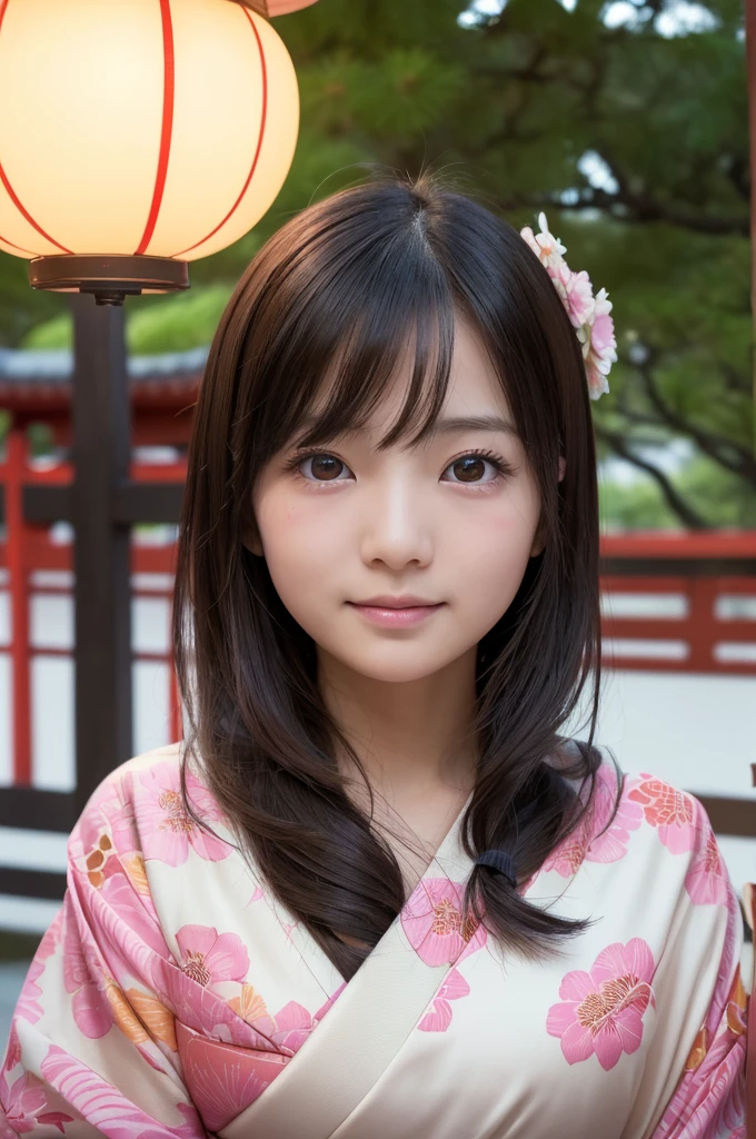 (1 Girl )、(Beautiful Japanese、18years old,round face、Refreshing、clear、seems kind、stylish、Pitiful、cute like an angel、cute、black eyes、(Single eyelid:1.3)、Beautiful skin), {(Japan human face:1.5),(General facial features)} , (((Beautiful breasts:0.4))),(((soft breasts))),(very cute),(Hair tied up),(enchanting eyes),(highlight on eyes:1.2)、(8K、Live shooting、highest quality、masterpiece:1.2、optimal lighting)、((masterpiece)),(Photo taken by a professional photographer),(real、photo real:1.4),BREAK,{(Japanese Yukata),(kimono),(Cute pattern of pink flowers on a white background)},(cheeks are red:1.3), BREAK, BREAK,Face shot:1.3、 face close-up,Looking at fire works,Embarrassed face、Jaw bite,smile、Shy、buzzer、(((1970s vibe)))、dynamic angle、,Lantern、night:1.5,shrine,night空にきれいな花火